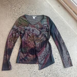 Alberto Makali Women’s M Top Long Sleeve Black Purple Abstract Print Beaded Y2K